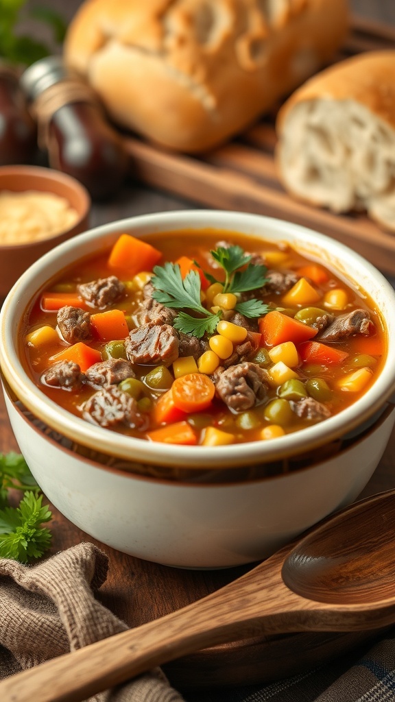 A bowl of hamburger vegetable soup with ground beef, carrots, green beans, and corn, garnished with parsley, on a rustic table with bread.
